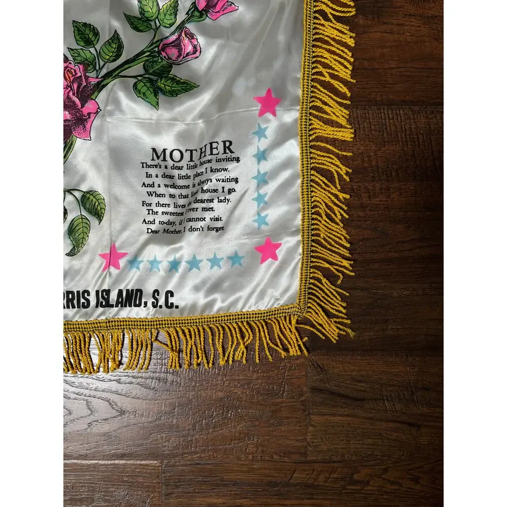 Vintage WWII Satin USMC Pillow Cover — Parris Island Mother Souvenir with Fringe
